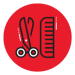 A red circle with a pair of scissors and a comb.