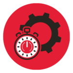 A red circle with a black and white stopwatch and a gear.
