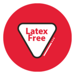 a red and white triangle with text saying "latex free" on it.